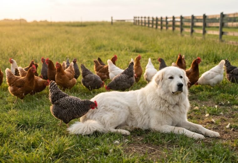 Great Pyrenees livestock guardian dog resting calmly beside a free-ranging backyard chicken flock