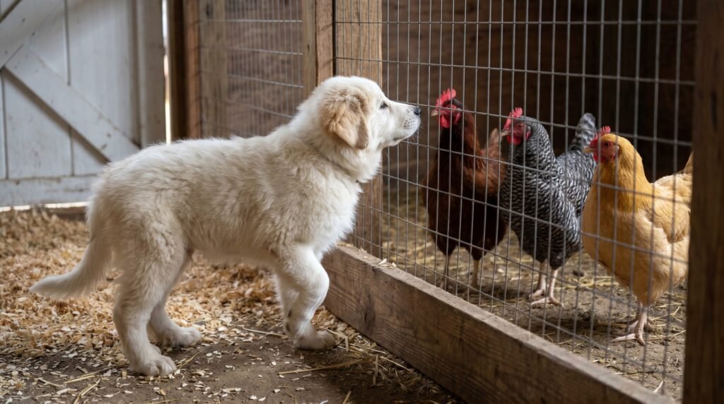 Great Pyrenees puppy sniffing chickens through a wire divider during early bonding training