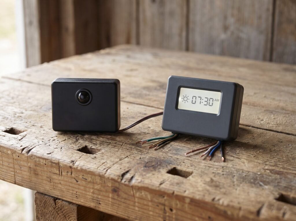 Light sensor module and timer control unit for automatic chicken coop doors compared side by side