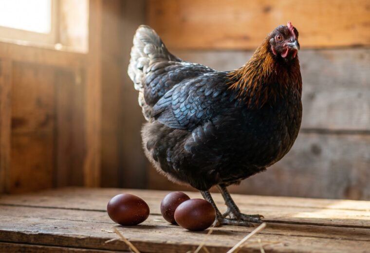 Black Copper Marans hen standing beside three dark chocolate-brown eggs on barn wood