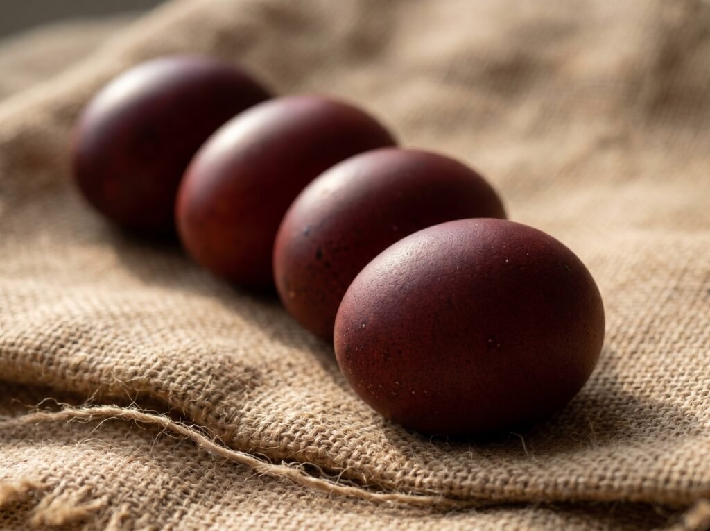 Four deep chocolate brown Marans eggs on burlap showing dark egg color variation