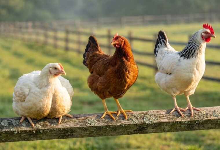 Three meat chicken breeds - Cornish Cross, Freedom Ranger, and Delaware heritage - standing on a farm fence