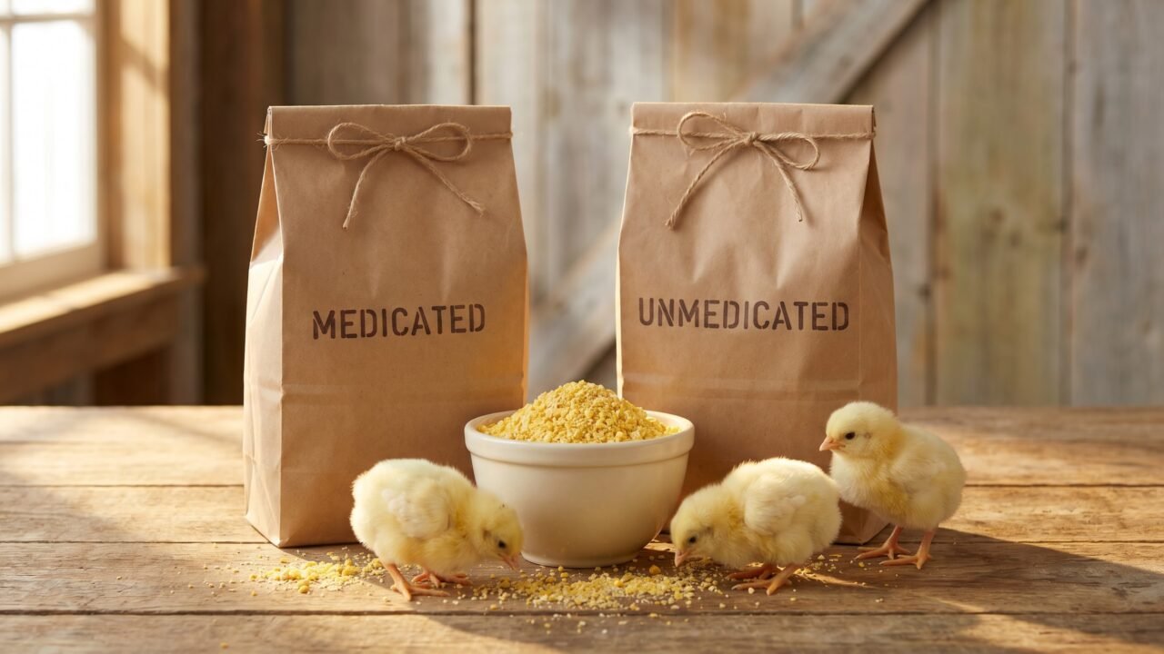 Two bags of medicated and unmedicated chick starter beside day-old chicks on a farm table