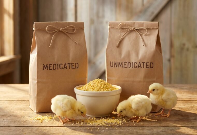 Two bags of medicated and unmedicated chick starter beside day-old chicks on a farm table