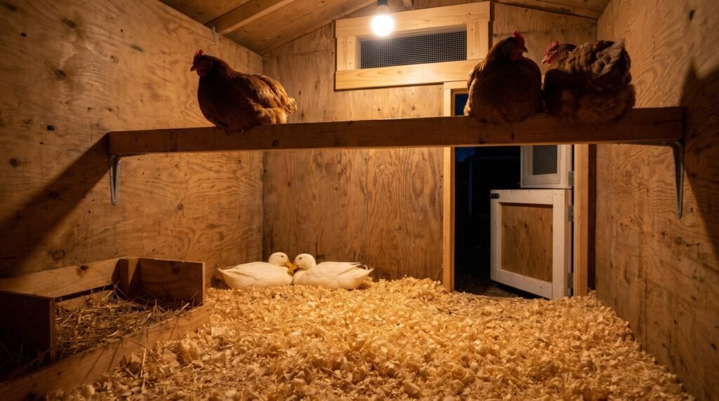 chickens roosting on a bar above ducks resting in coop floor litter at night