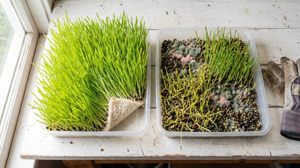 healthy green barley fodder tray beside a mold-contaminated tray showing visible fungal growth