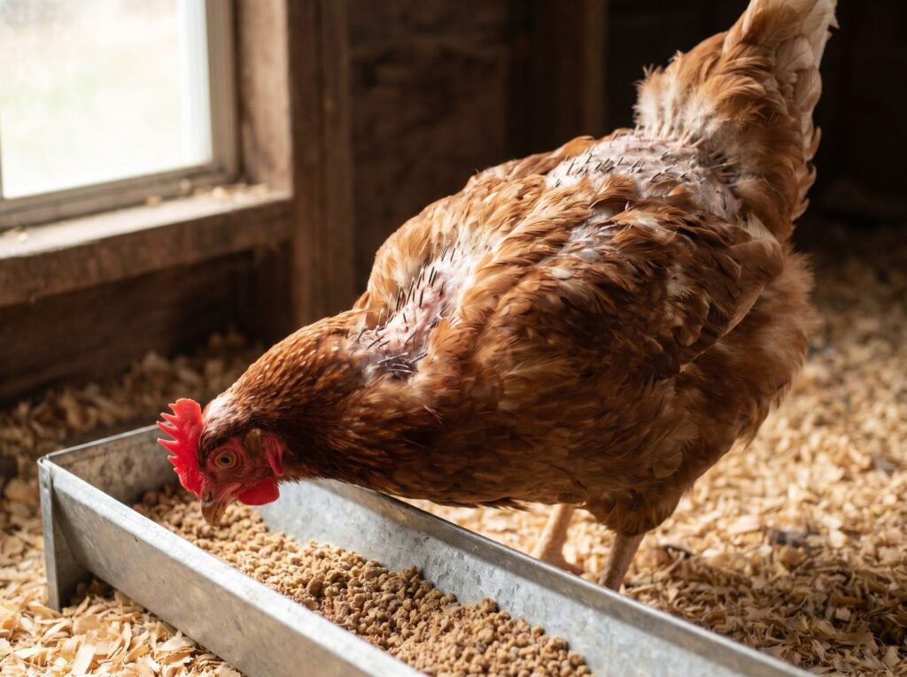 molting hen eating high-protein crumble feed during fall feather regrowth