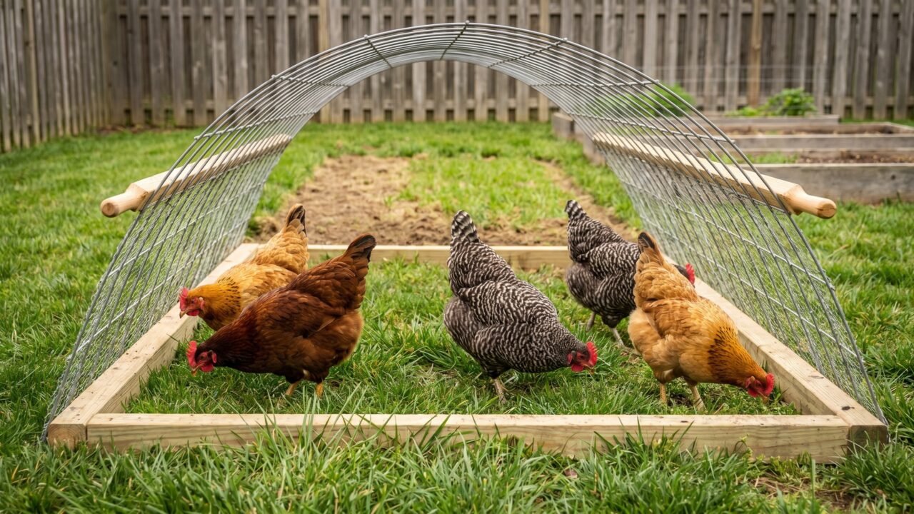 movable chicken run hoop tractor on lawn showing rotation stripe where grass regrows behind