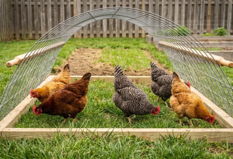 movable chicken run hoop tractor on lawn showing rotation stripe where grass regrows behind