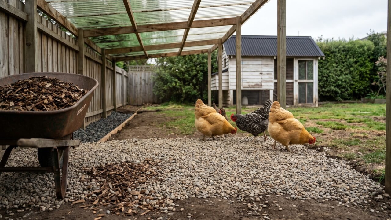 Chicken run floor being upgraded with pea gravel and wood chips to fix muddy ground