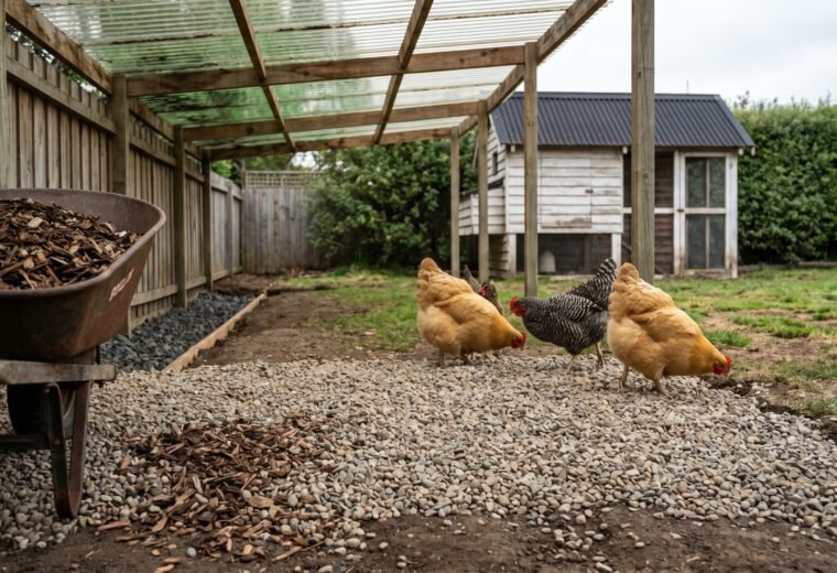 Chicken run floor being upgraded with pea gravel and wood chips to fix muddy ground