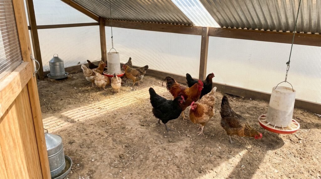 Chicken run with two separate feeders allowing lower-ranked birds access during flock integration