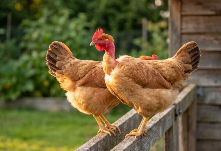 Buff-colored naked neck chicken standing on a wooden fence rail showing bare red neck