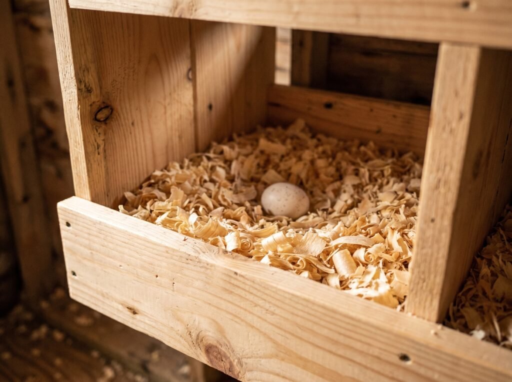 Close-up of nesting box front lip with pine shavings and a cushioned egg inside