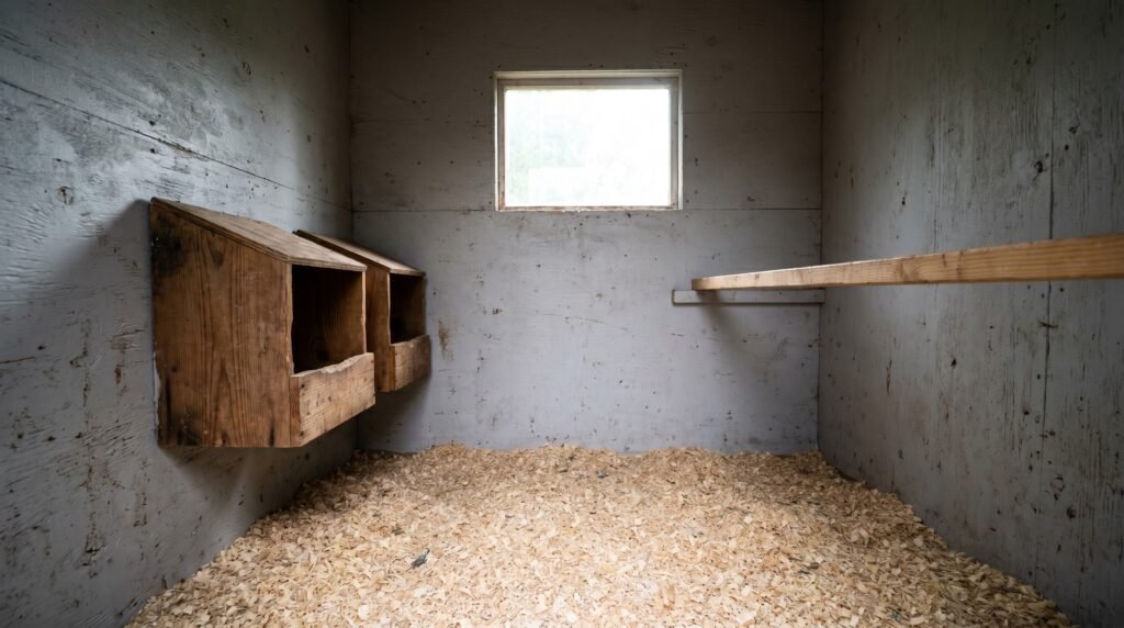 Chicken coop interior showing nesting boxes at 24 inches and roost bar mounted higher