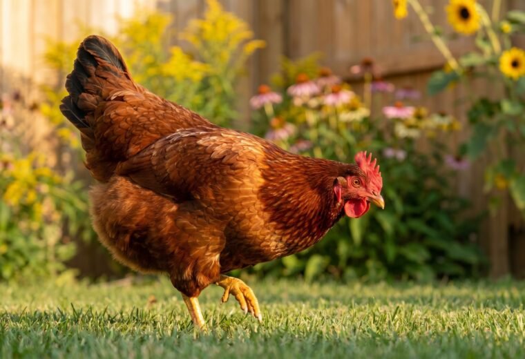 New Hampshire Red hen foraging in a sunny backyard garden, showing chestnut-red plumage
