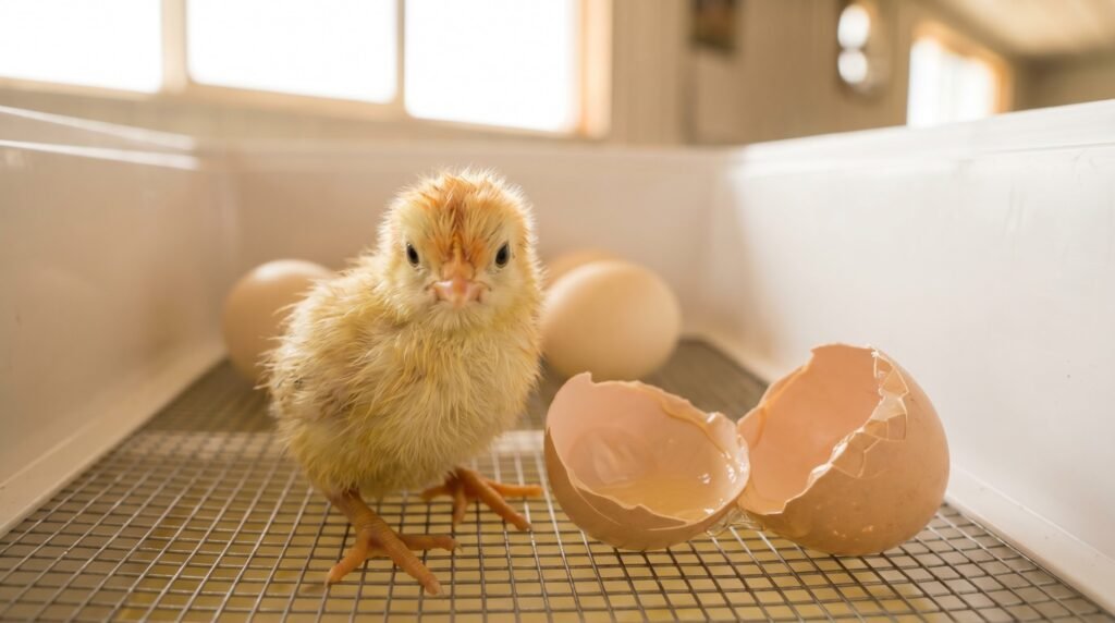 Freshly hatched yellow chick drying next to broken eggshell inside incubator on day 21