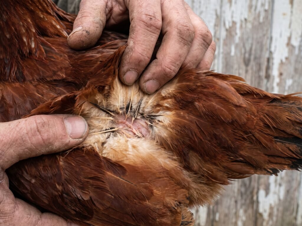 Keeper parting hen feathers near vent to check for northern fowl mites in spring