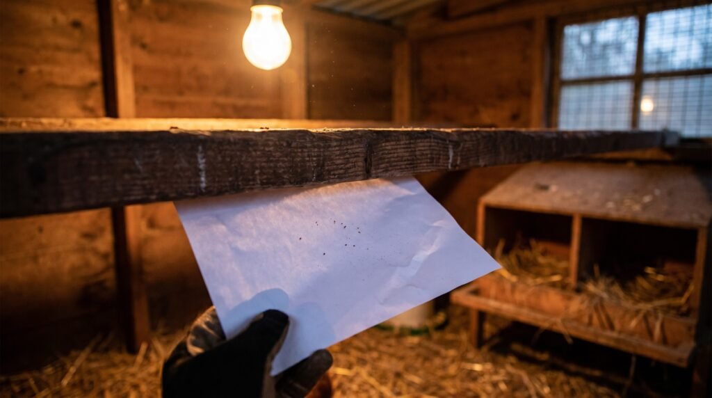 white paper held under a coop roost bar reveals red mite specks at night