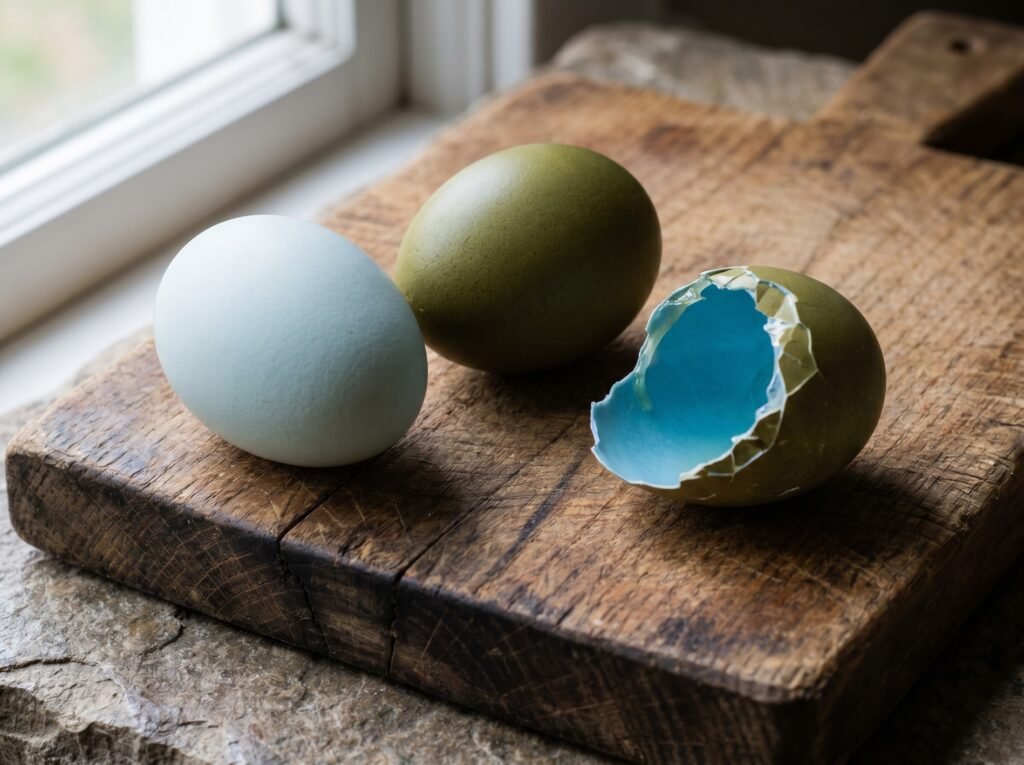 Olive Egger egg cracked open showing blue interior shell beside a whole blue Ameraucana egg