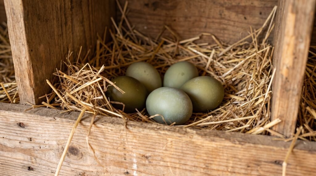 Olive and green eggs in a wooden nest box showing the range of Olive Egger egg colors