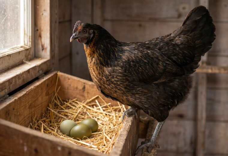 olive egger hen beside a nest box holding three olive-green eggs on straw