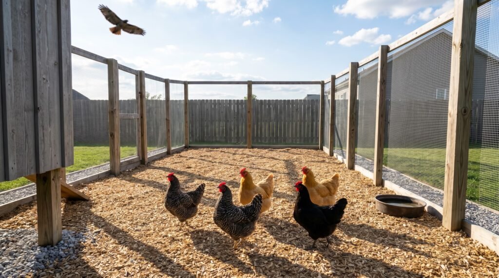 open chicken run with no overhead cover and a hawk soaring overhead