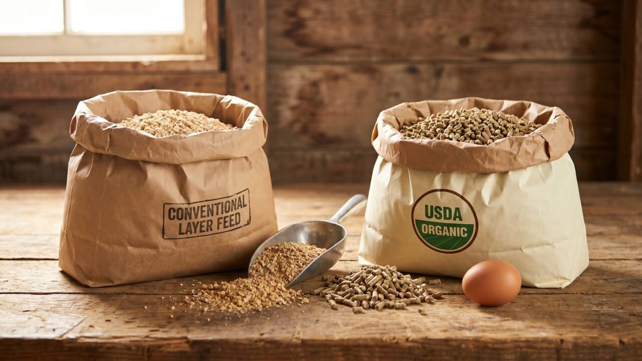 two open bags of organic and conventional chicken layer feed compared side by side on a farm table