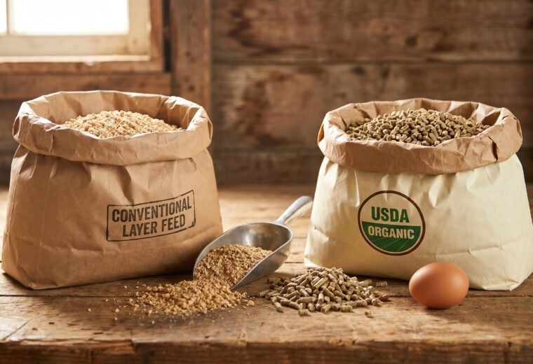 two open bags of organic and conventional chicken layer feed compared side by side on a farm table