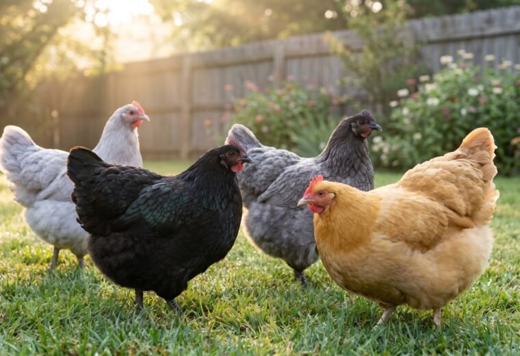 Four Orpington chickens in buff, black, blue, and lavender colors standing on grass