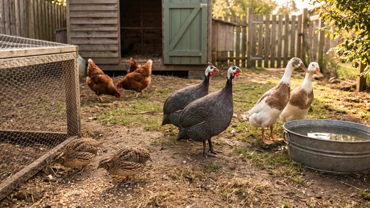 Four backyard poultry species - quail, guinea fowl, ducks, and chickens - foraging together in a farmyard
