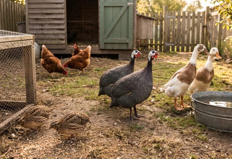 Four backyard poultry species - quail, guinea fowl, ducks, and chickens - foraging together in a farmyard