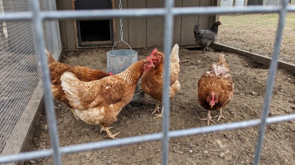 Hens in a crowded run showing feather thinning and submissive posture at the feeder