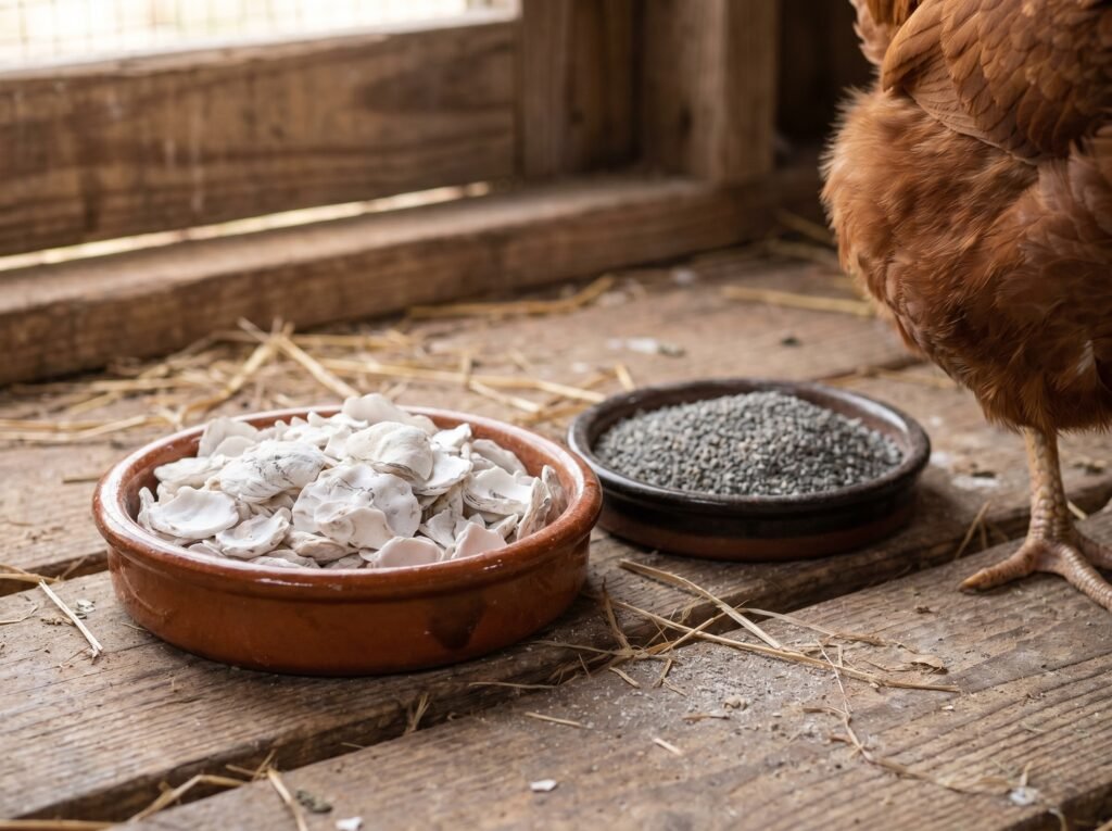 Ceramic dish of white oyster shell next to granite grit in a laying hen coop
