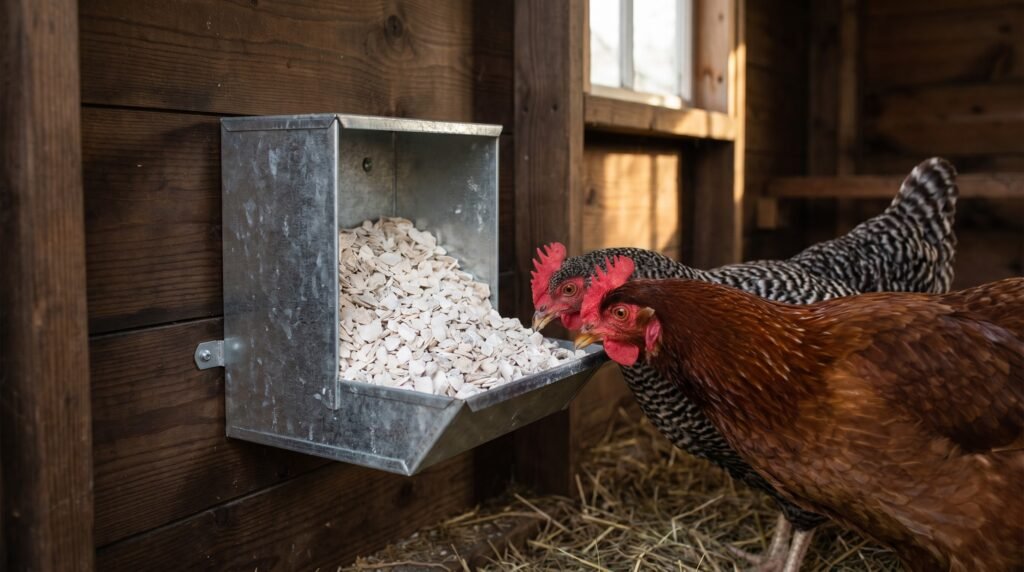 Two hens eating free-choice oyster shell from a small coop wall feeder