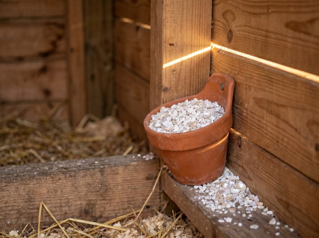 Small wall-mounted feeder inside a chicken coop filled with free-choice coarse oyster shell