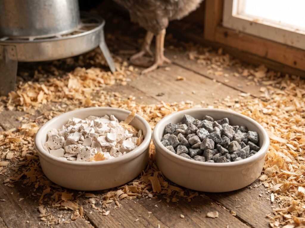 Side-by-side ceramic dishes of oyster shell and granite grit supplements inside a chicken coop