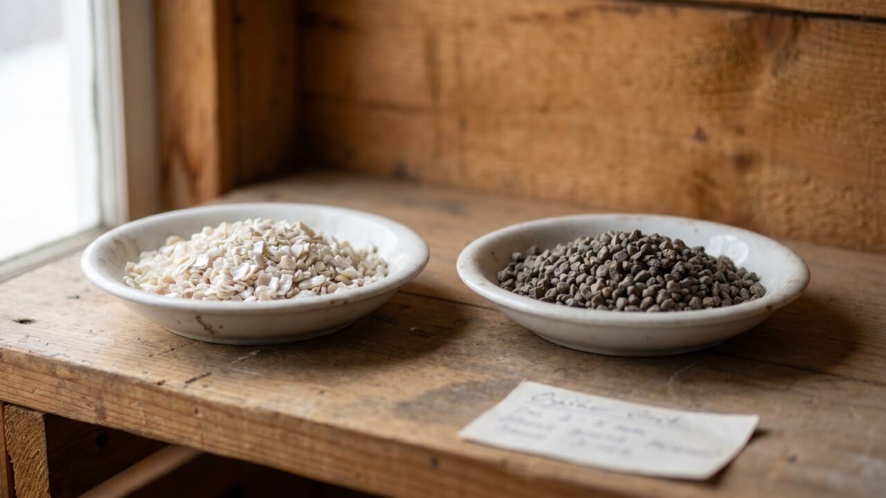 Two separate dishes showing coarse white oyster shell granules and gray granite grit side by side