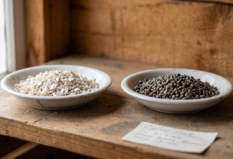 Two separate dishes showing coarse white oyster shell granules and gray granite grit side by side