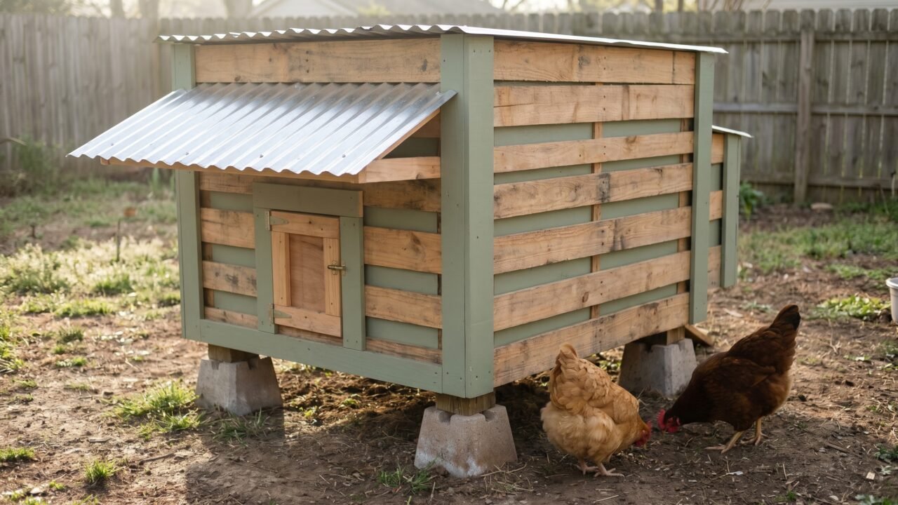 Finished pallet chicken coop elevated on concrete blocks with two hens outside