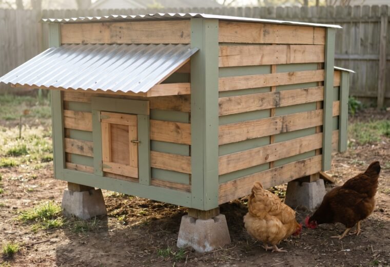 Finished pallet chicken coop elevated on concrete blocks with two hens outside