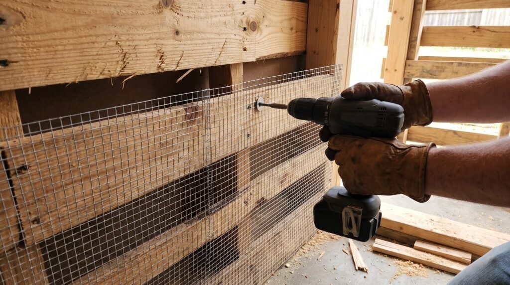 Installing half-inch hardware cloth over a gap in pallet coop wall with drill and washers