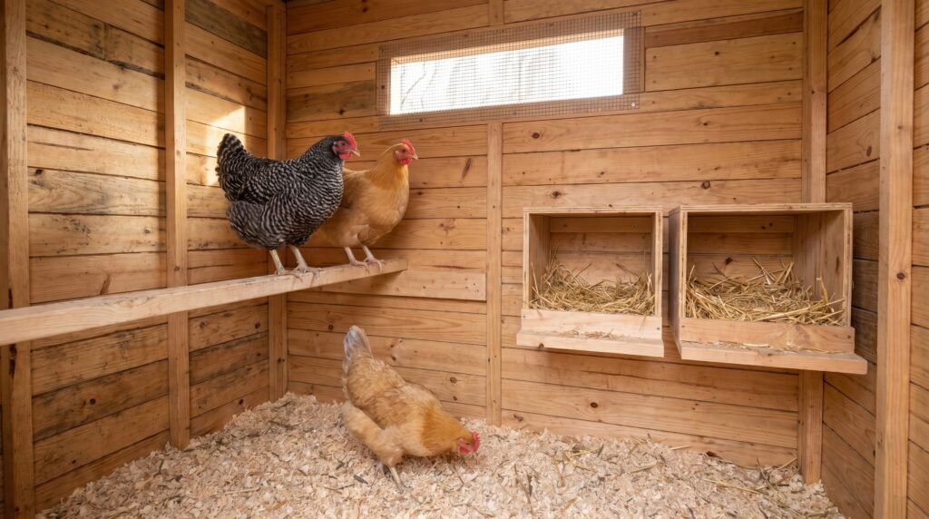 Pallet coop interior with roost bar, two nest boxes, and hens roosting inside