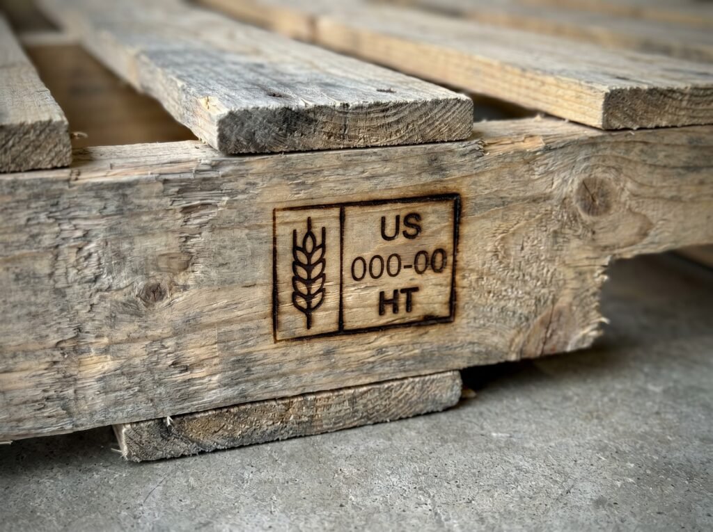 IPPC HT heat-treated stamp burned into a pallet wood stringer board