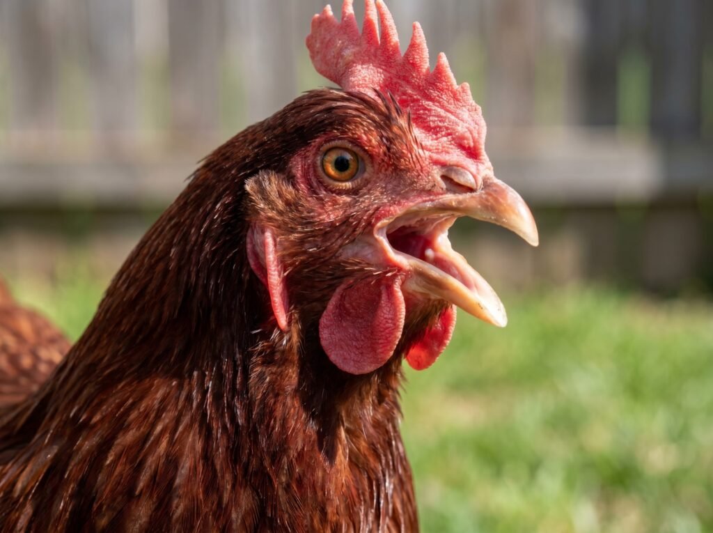 Close-up of hen with beak wide open panting in heat stress showing pale comb