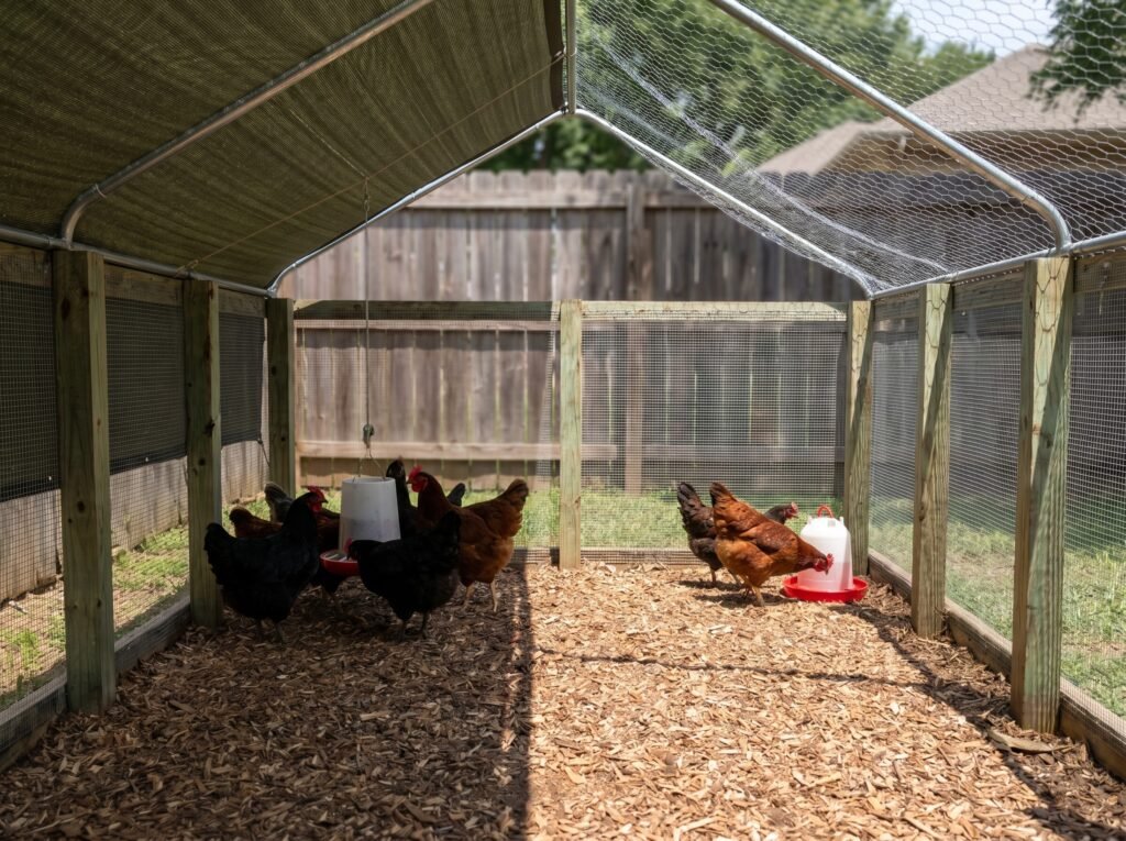 partial cover chicken run with shade cloth on half and open wire netting on the other half