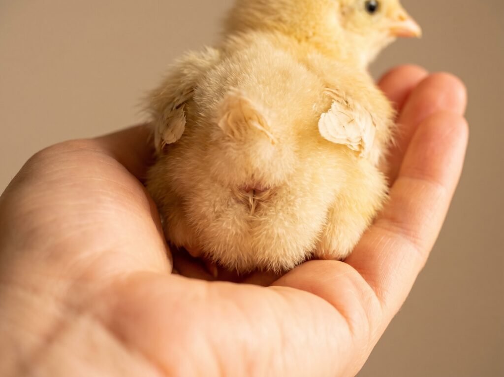 Daily vent check on a healthy day-old chick to catch pasty butt early