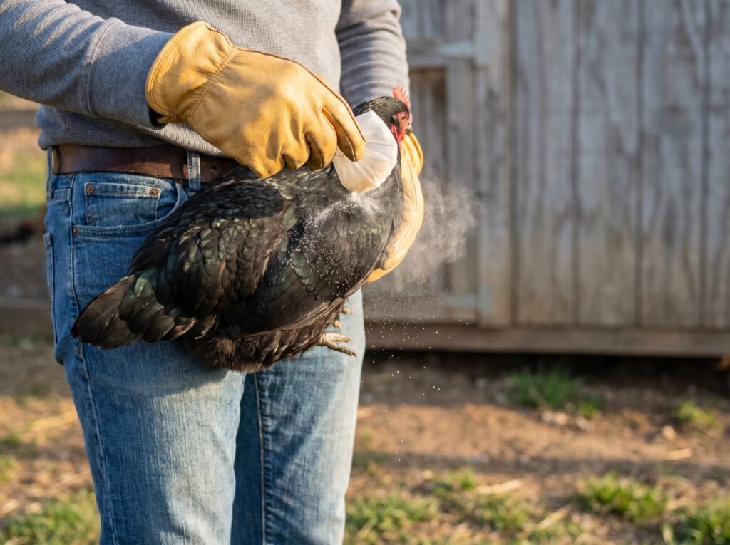 keeper applying permethrin dust to a hen's vent area to treat for northern fowl mites