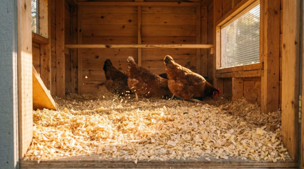 golden pine shavings covering chicken coop floor at correct 4-inch depth