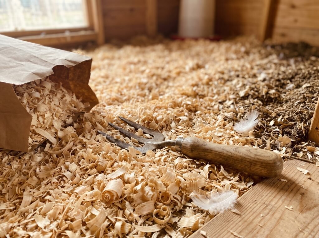 Fresh pine shavings bedding spread 4 inches deep on a clean chicken coop floor